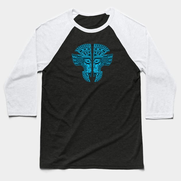 Blue and Black Mayan Twins Mask Illusion Baseball T-Shirt by jeffbartels